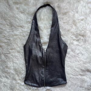 Zara Silver Metallic Front Zip Halter Top